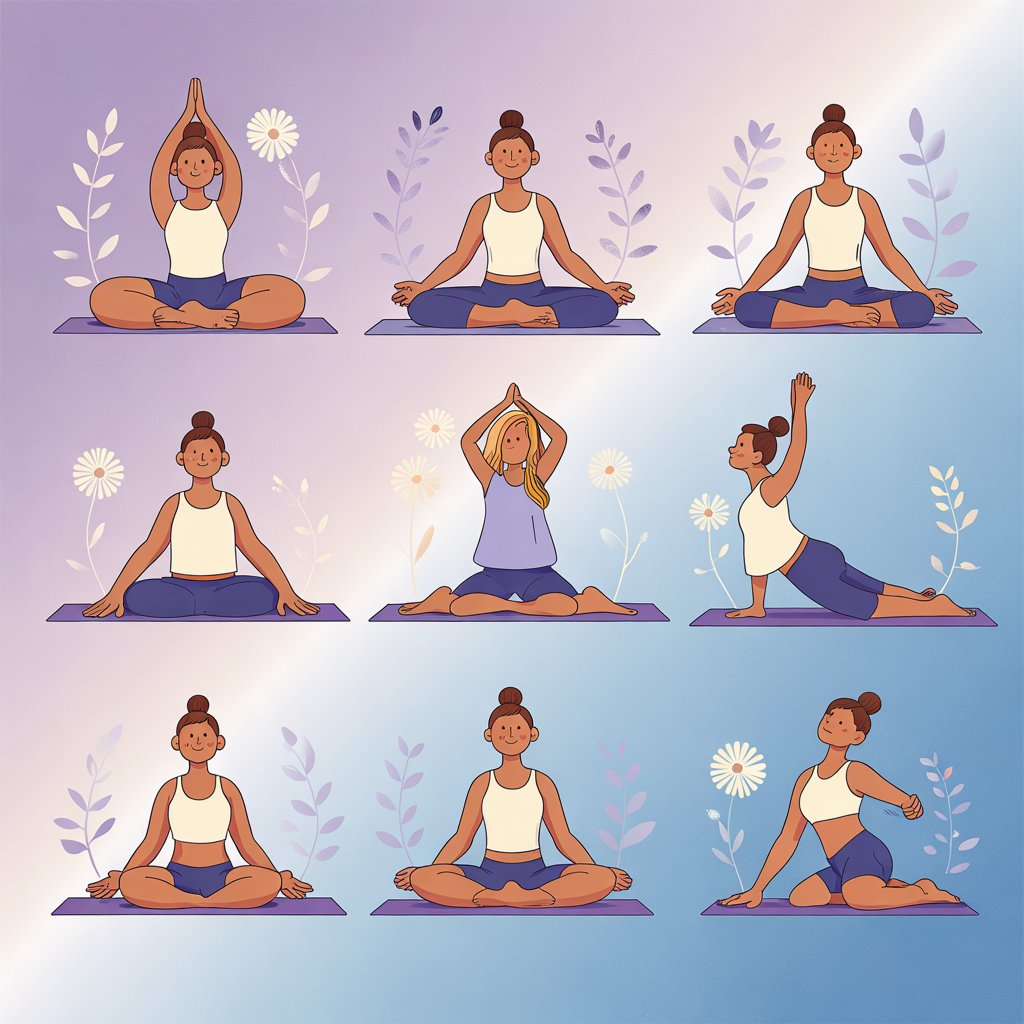 Illustrated guide showing 10 beginner-friendly yoga poses on a soft gradient background. 