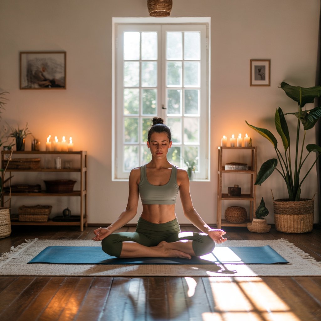 A young woman practicing a simple beginner-level yoga pose on a yoga mat, with calm surroundings and natural light.